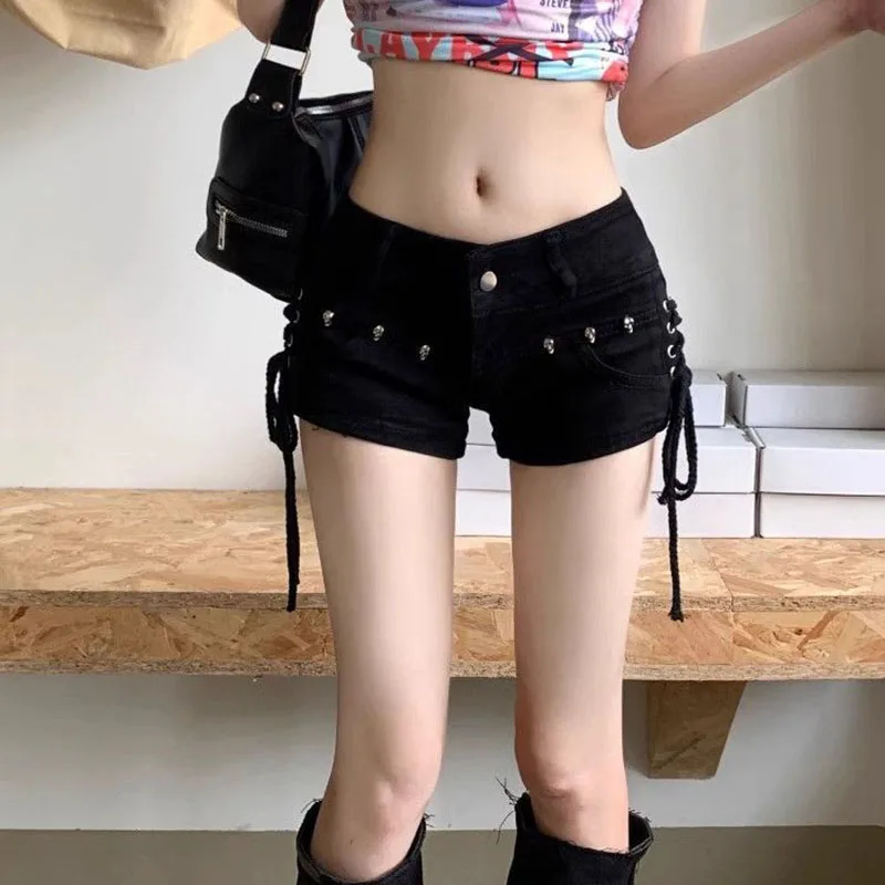Black Gothic Punk Denim Shorts for Women Creativity Lace-Up Popular Y2K Cowboy Short Pants Lady Sexy Skinny Elastic Jean Shorts