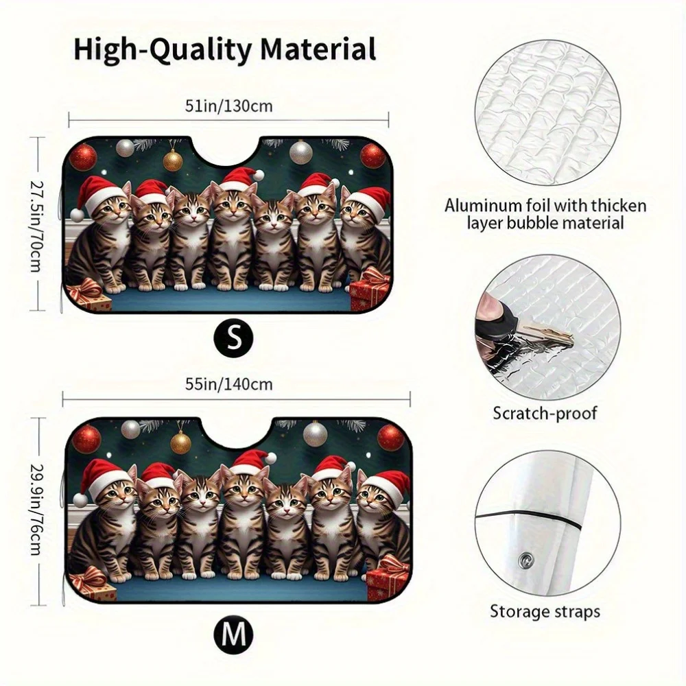 1pc Festive Christmas Cat Car Sunshade - Foldable, Durable Polyester, Front Windshield Protector With Cute Kitten & Santa Hat De