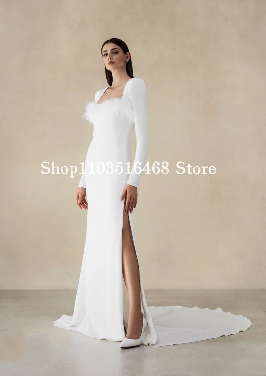 Elegant Silk Formal Wedding Dress White Square Neck Feather Long Sleeve Skinny A-line Split Bridal Vestidos Novias Boda