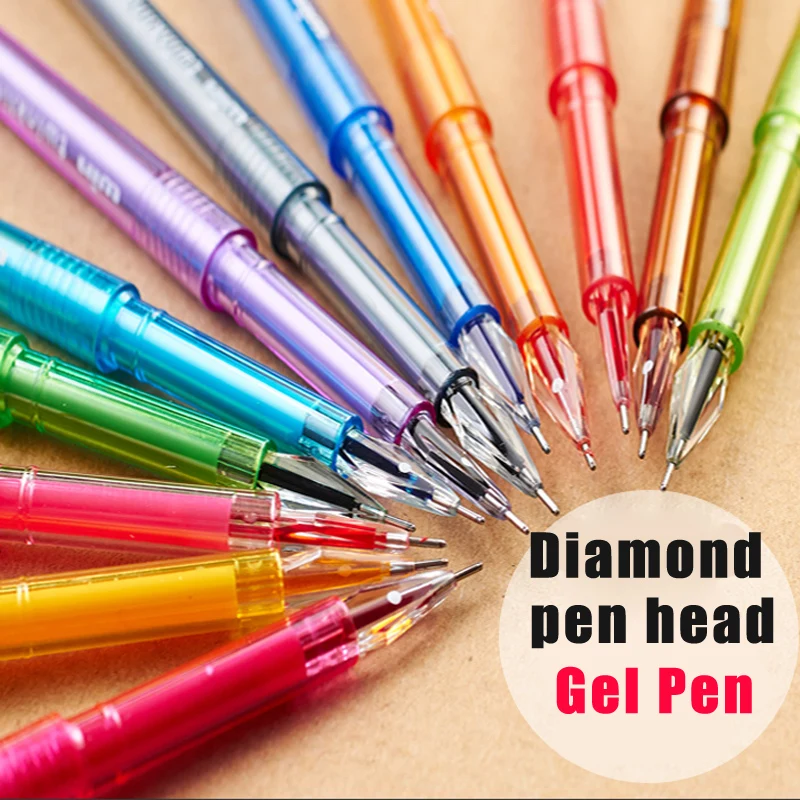 12 Colors/Box Korean Diamond Head Colorful Gel Pen Kawaii Plastic Ball Pen 0.5mm Needle Office Sketch Drawing Color for Gift