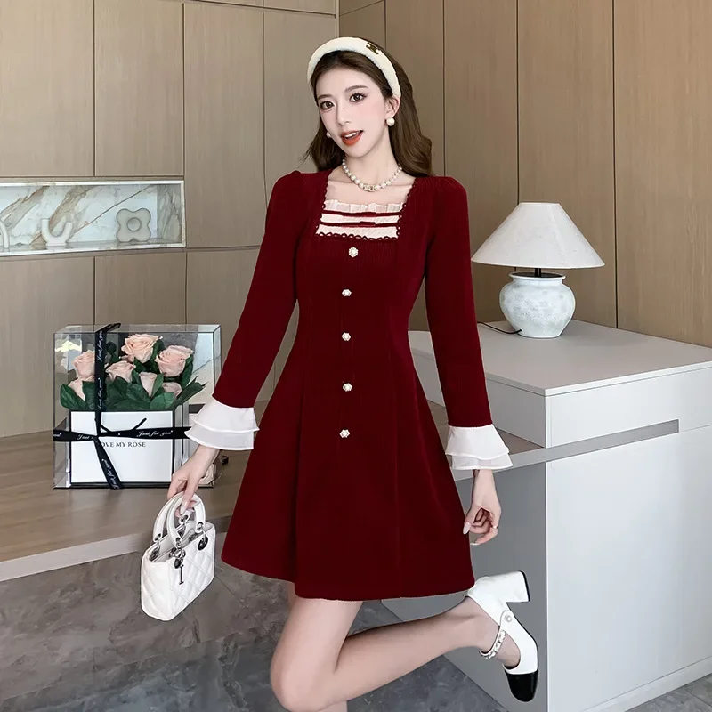 2023 Autumn/Winter New Square Collarbow Christmas New Year Red Dress Petite Surrogate Mother Dress For Special Occasion