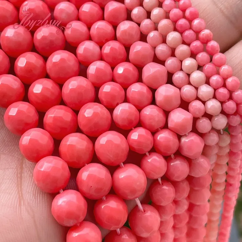 3/4/6/8mm Natural Pink Coral Faceted Round Loose Stone Beads For DIY Necklace Bracelets Jewelry Making Strand 15\