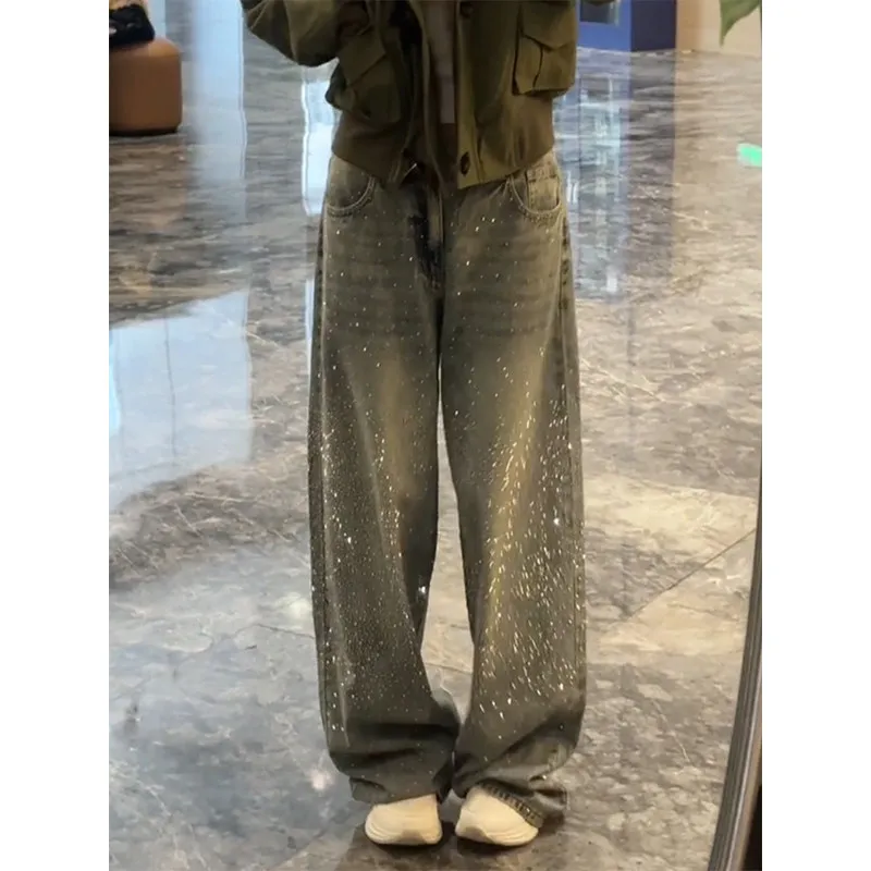 

Синие джинсы с широкими штанинами и стразами Blue Galaxy, женские свободные брюки-клеш в пол с высокой талией, весна 2026, новинка