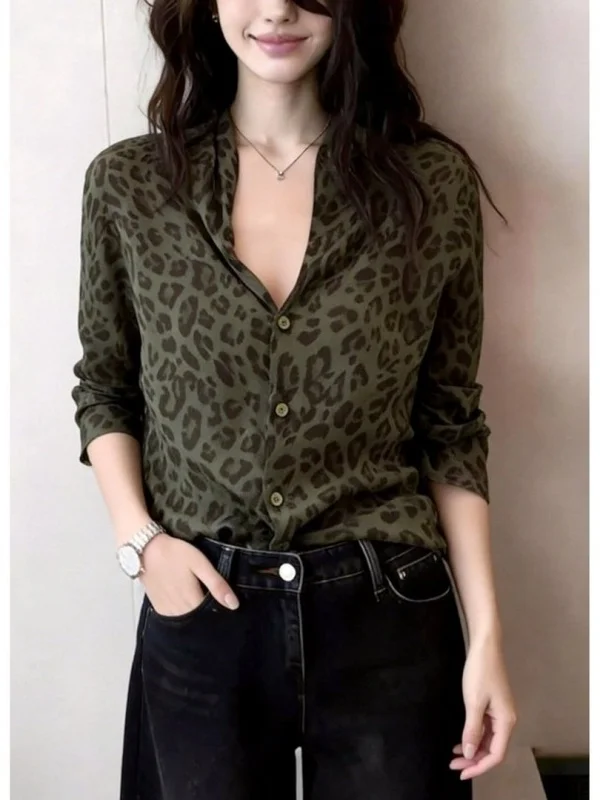 Elegant Long Sleeve Women's Shirt Spring 2026 Fashion Design Casual Loose Fit White Enhancing Leopard Print Button up Cardigan view 2