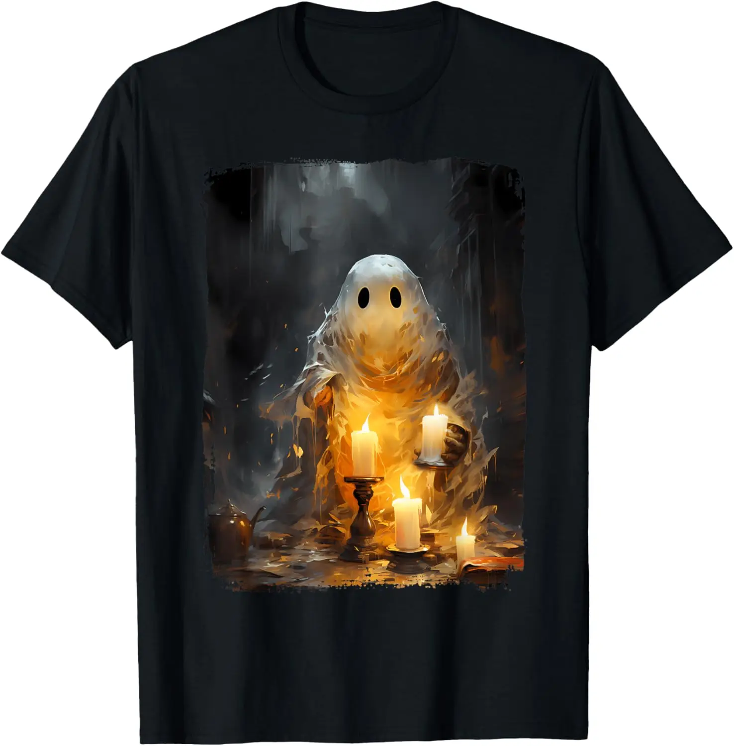 Cute Ghost Holding Candle Funny Halloween Gothic Vintage T-Shirt