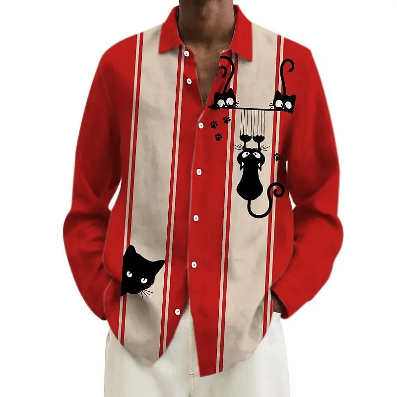 

Striped Cat 3D Print Mens Long Sleeve Shirt Fashion Casual Long Sleeve Tops Mens Four Seasons Button Lapel Shirt Men Clothing