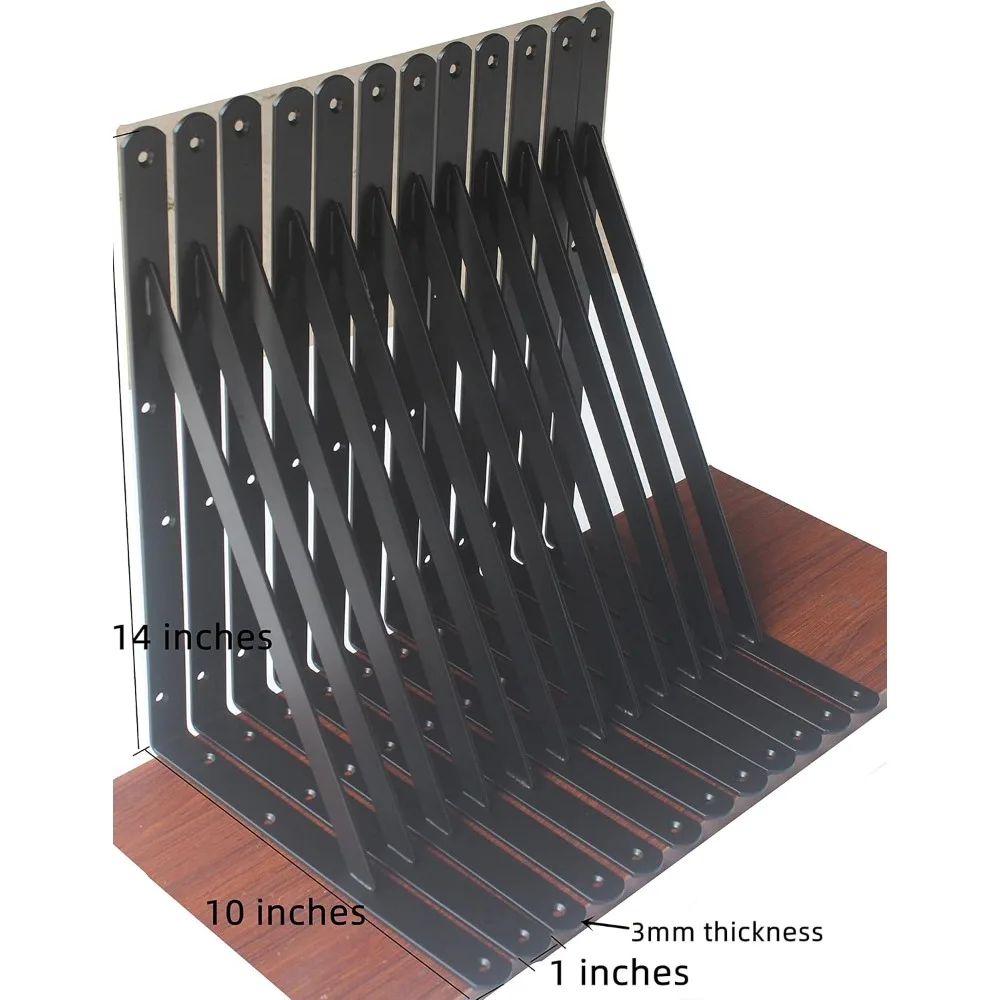 دعامات أرفف معدنية شديدة التحمل، 16 عبوة، L14 x H10، أسود، دعم قوي للأرفف، دعامات زاوية لتكوين L وB