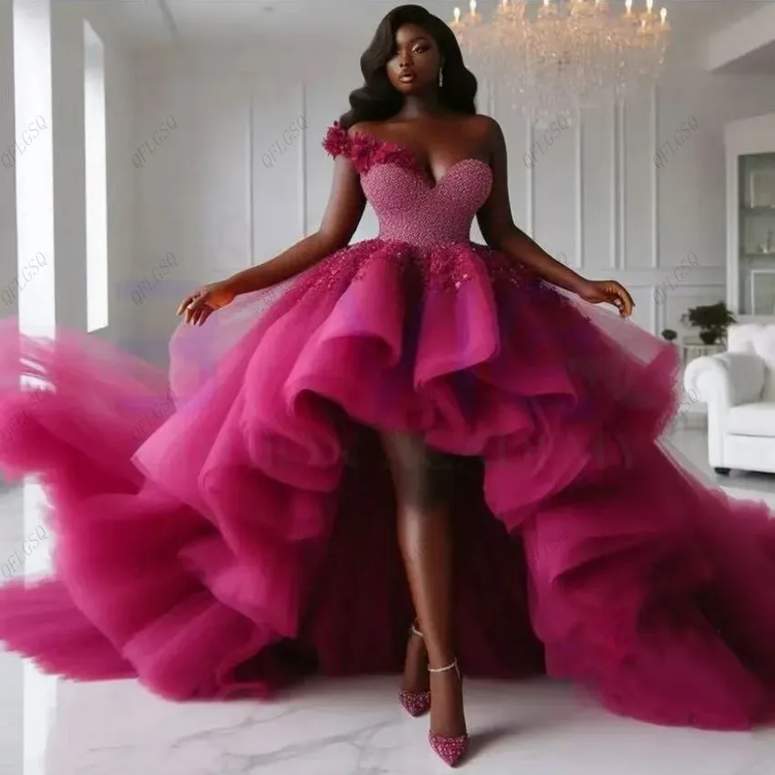 Nova chegada fúcsia vestidos de baile longo querida assimétrico vestido de festa ruched em camadas florais vestidos femininos tule extra inchado