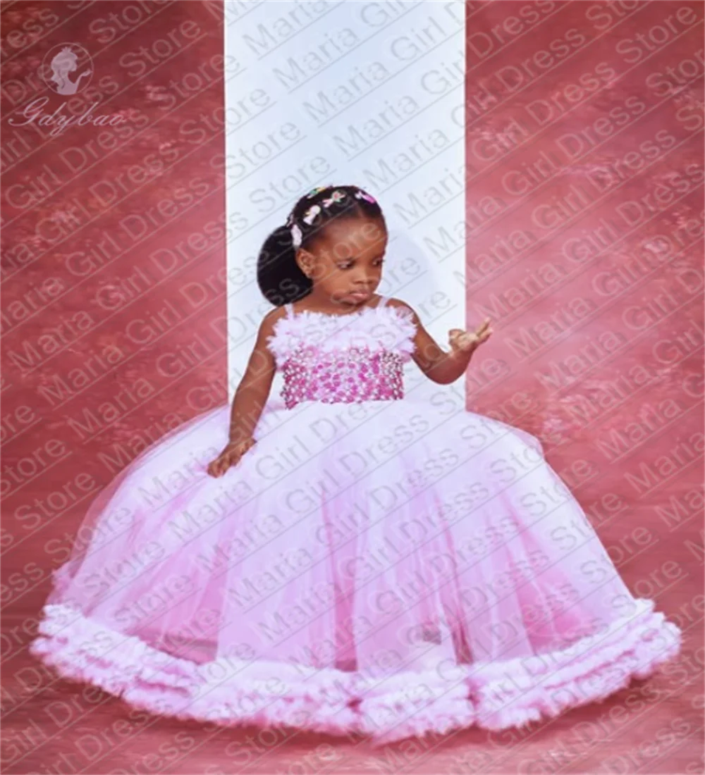 

Light Pink Pearl Flower Girl Dress Fluffy Spaghetti Straps First Communion Birthday Wedding Pageant Party Prom Evening Dress