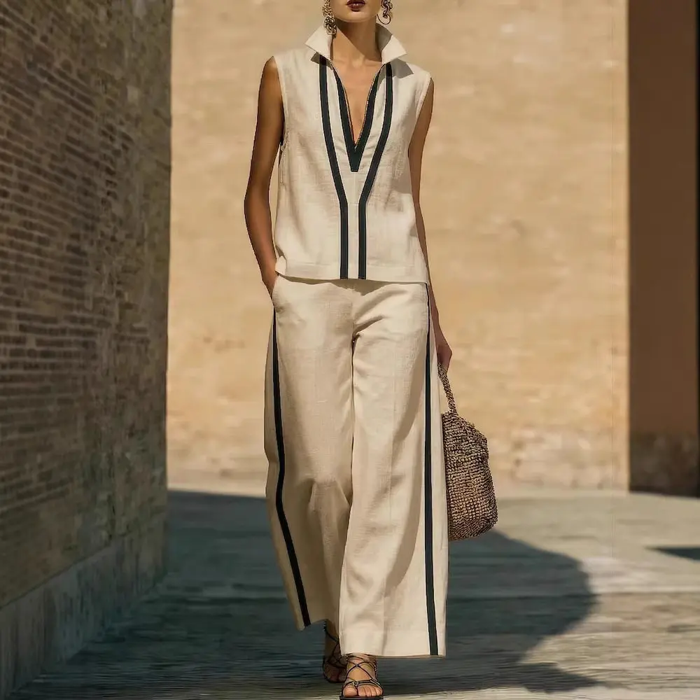 

Linen Blend Contrast Trim Sleeveless V-Neck Top & Wide Leg Pants Set 2026 Summer Fashion Elegant Women Chic Causal Lady Co-ord