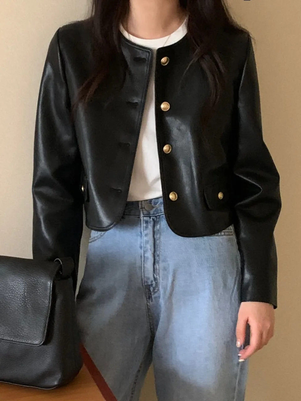 

Chic Vintage round Ne Metal Single Button Loose Long Sve ort Jaet Leather Coat Women's Faion Autumn Clothing