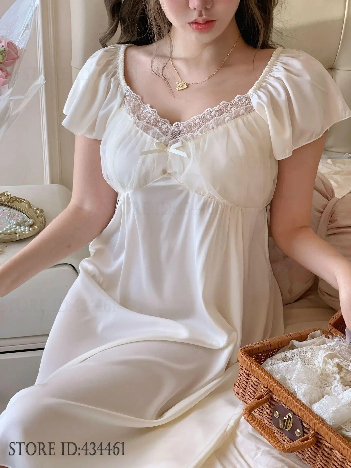 Sweet French Women's Nightgown Home Dressing Gown Sexy Patchwork Lace Nightdress Loungewear Silky Satin Sleepwear Nightwear - view 5