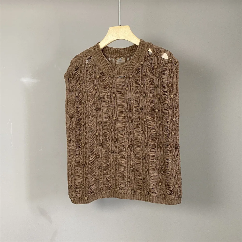 

25 Spring/Summer New Round Neck Hollow Fashion Versatile Solid Color Sleeveless Knitted Women's Top