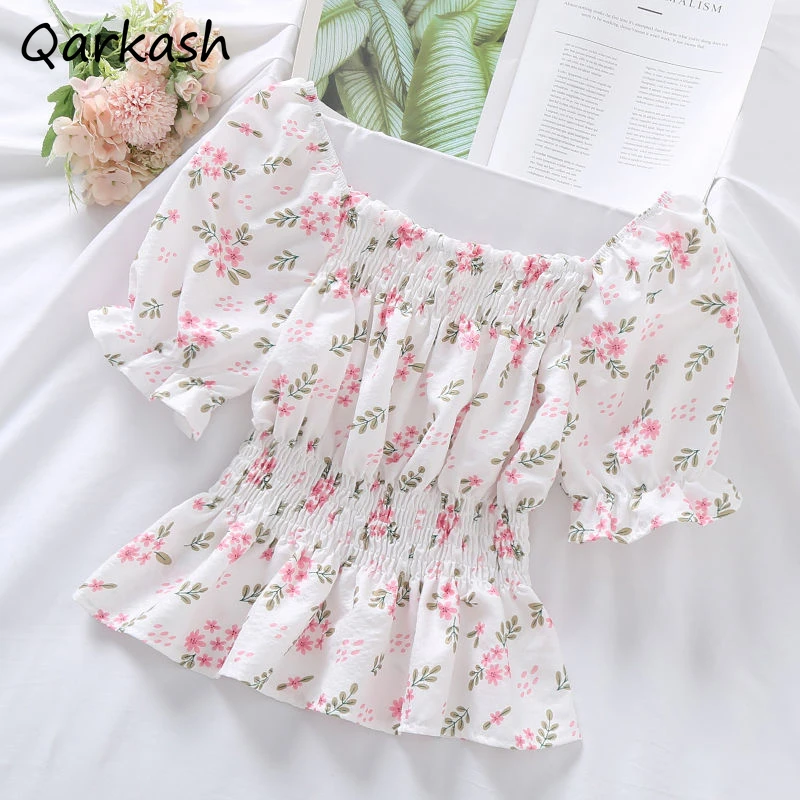 

Slim Waist Blouse Women Floral Stretchy Puff Sleeve Princess Summer Fairycore Popular Aesthetic Korean Style Streetwear Casual