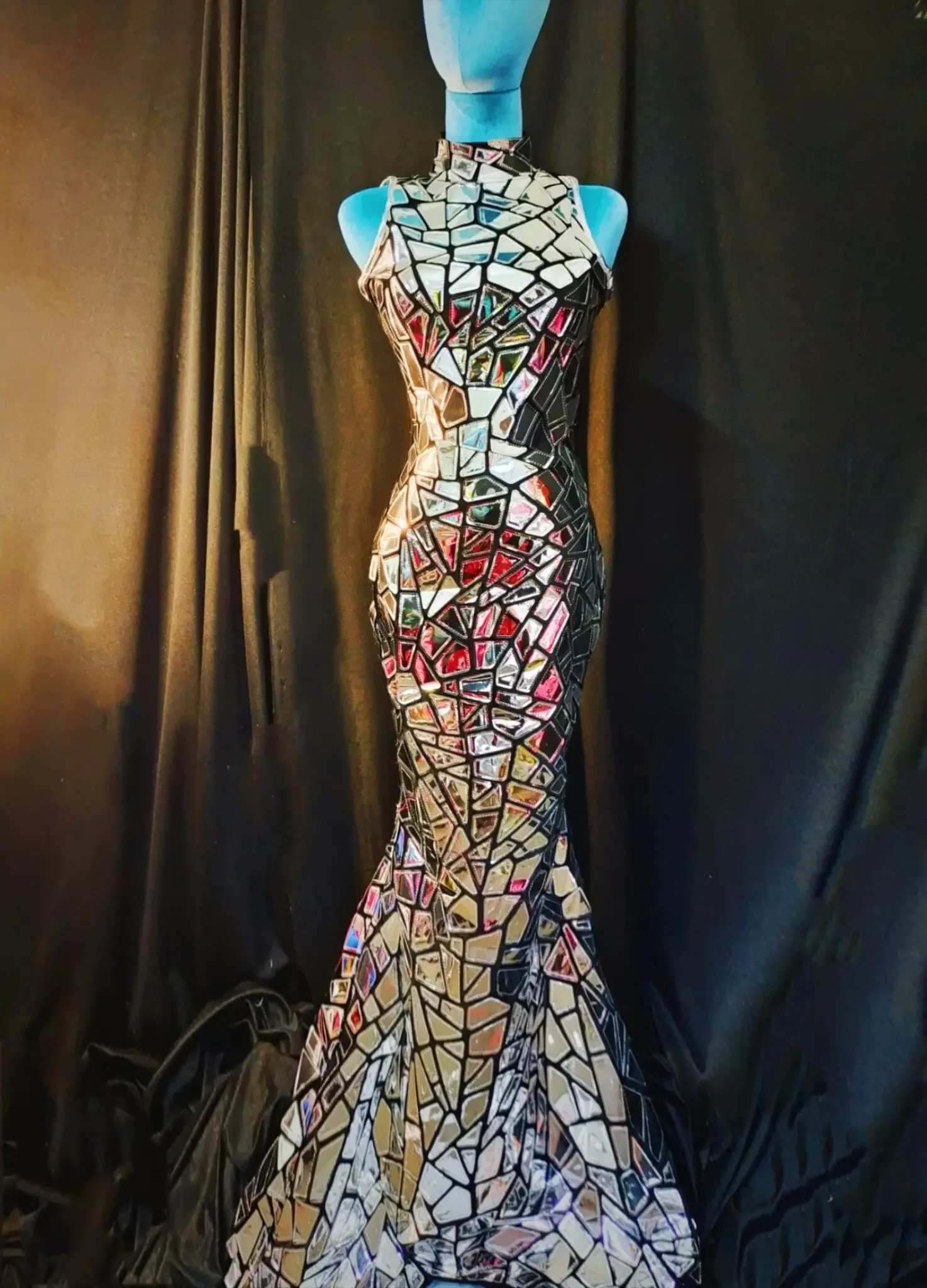 

Sparkly Full Silver Sequins Long Dress Birthday Wedding Celebrate Party Dress Evening Performance Dancer Mirrors Costume