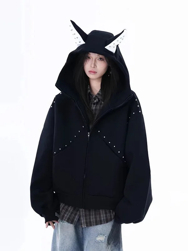 

Мужская повседневная толстовка-кардиган с заклепками и вставками, весенне-осенний повседневный топ, свободный крой для пар, смесь хлопка и полиэстера