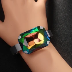 Fashion Large Square Crystal Bangle Bracelet Wedding Accessories Belly Dance Lady Bling Rhinestone Hand Bracelet Wide Jewelry