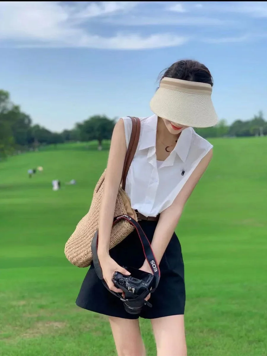 سترة صيفية جديدة للتنقل لعام 2024 بلون نقي Ne Svel سترة علوية بسيطة مطرزة بيضاء متعددة الاستخدامات من القطن للنساء irt