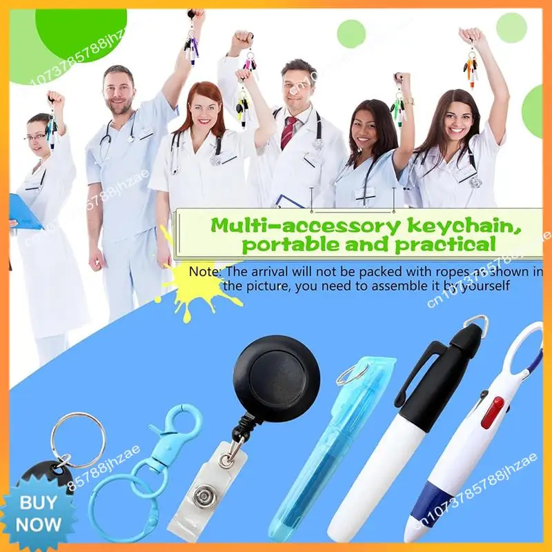 a10r-8pack-badge-reel-pen-retractable-shuttle-pen-with-mini-marker-pen-flashlight-key-ring-retractable-badge-holde