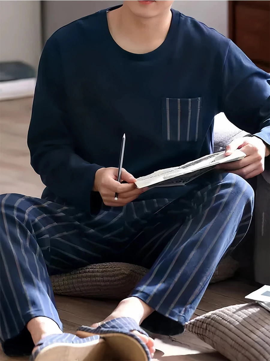 Teenage Men's Pajamas Long-Sleeved Spring and Autum Autum Men's Pullover Plus Fat Large Size Home Clothes Suit Thin
