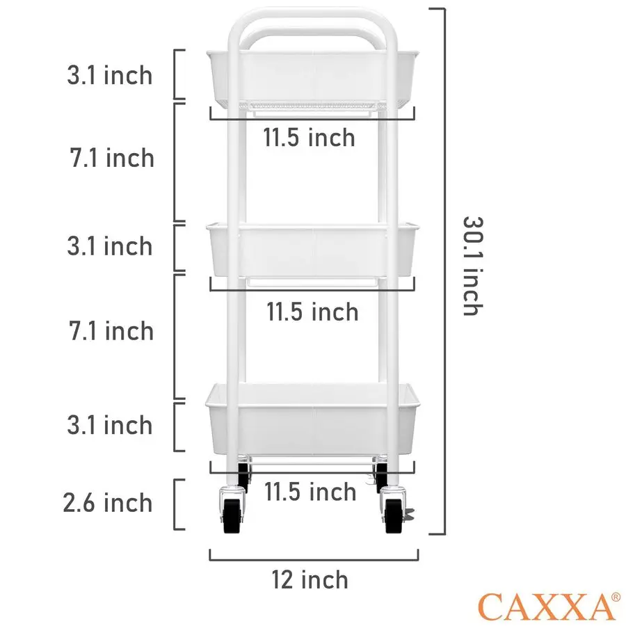

3Tier Rolling Metal Storage Organizer Mobile Utility Cart Kitchen Cart with Caster Wheels, White