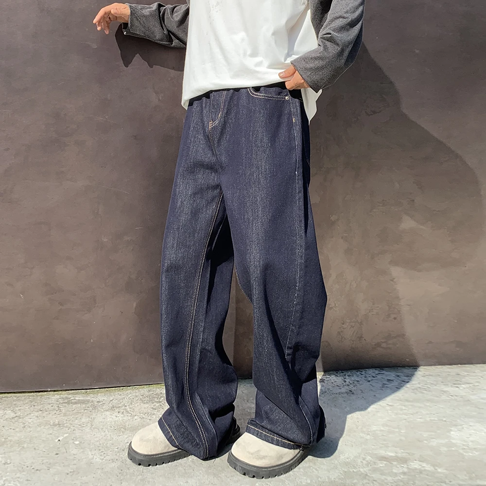 อเมริกันฮิปฮอปกางเกงยีนส์หลวมสีกรมท่าสีน้ำเงิน DENIM ขาตรงกางเกงขากว้างแฟชั่นฮิปฮอปสตรีทแวร์กางเกงยูนิเซ็กซ์