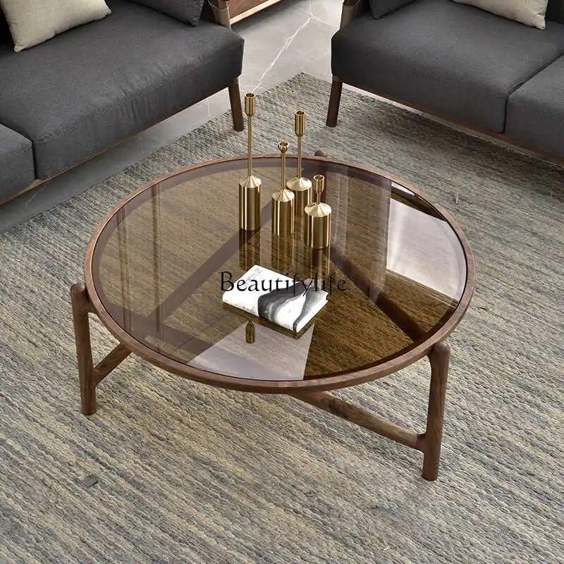 

Nordic solid wood round coffee table simple black walnut small apartment living room brown glass tea table