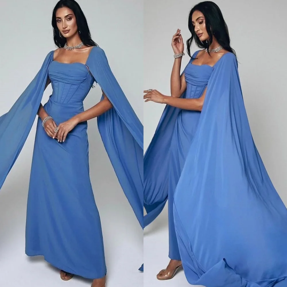 فستان حفلات شيفون أزرق مخصص في المملكة العربية السعودية أنيق بياقة مربعة على شكل حرف a فستان سهرة كلاسيكي بطول الأرض فساتين المشاهير