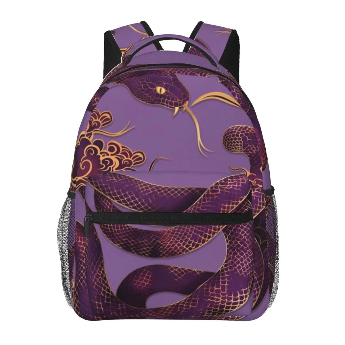 Lavender Aesthetic Backpack Center Snake Clouds Modern Graphic Solid Purple Gold Soft Color Bookbag for Girls Teens College Men