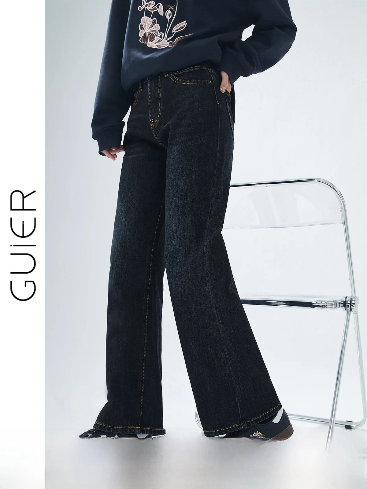 

Темно-синие широкие джинсы с высокой талией, женские весенне-осенние длинные брюки прямого кроя, ретро-дизайн Sensation Guier