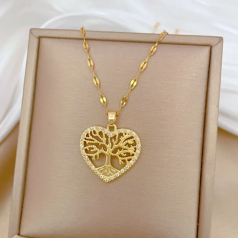 Collares con colgante de árbol de la vida de amor romántico para mujeres y niñas, accesorios de joyería de acero inoxidable, regalos para amantes, moda