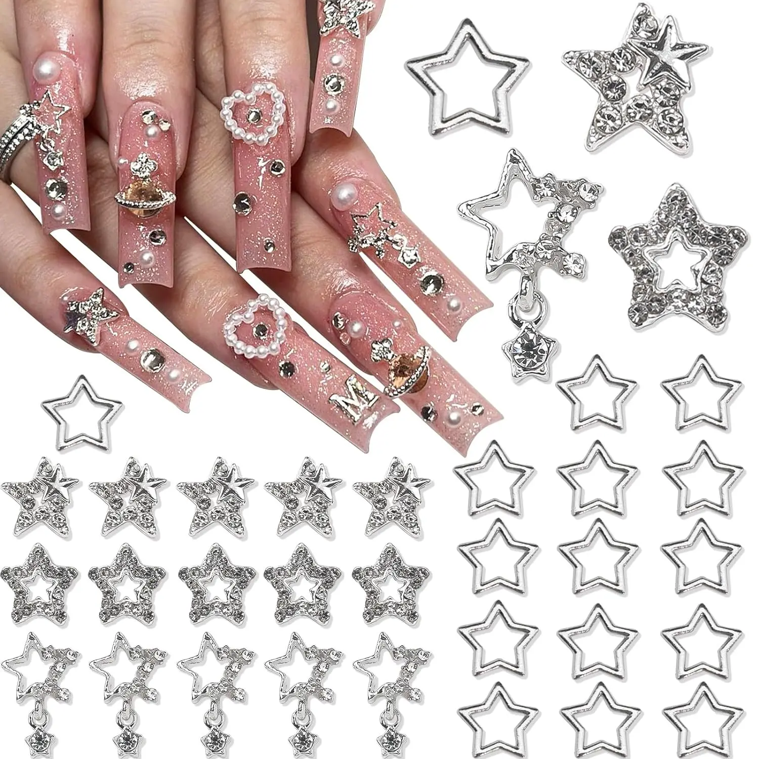 30PCS Star Nail Charms 3D Alloy Nail Art Charms 4 Styles Silver Stars Nail Rhinestones Crystal Pentagram Nail Gems for DIY Craft