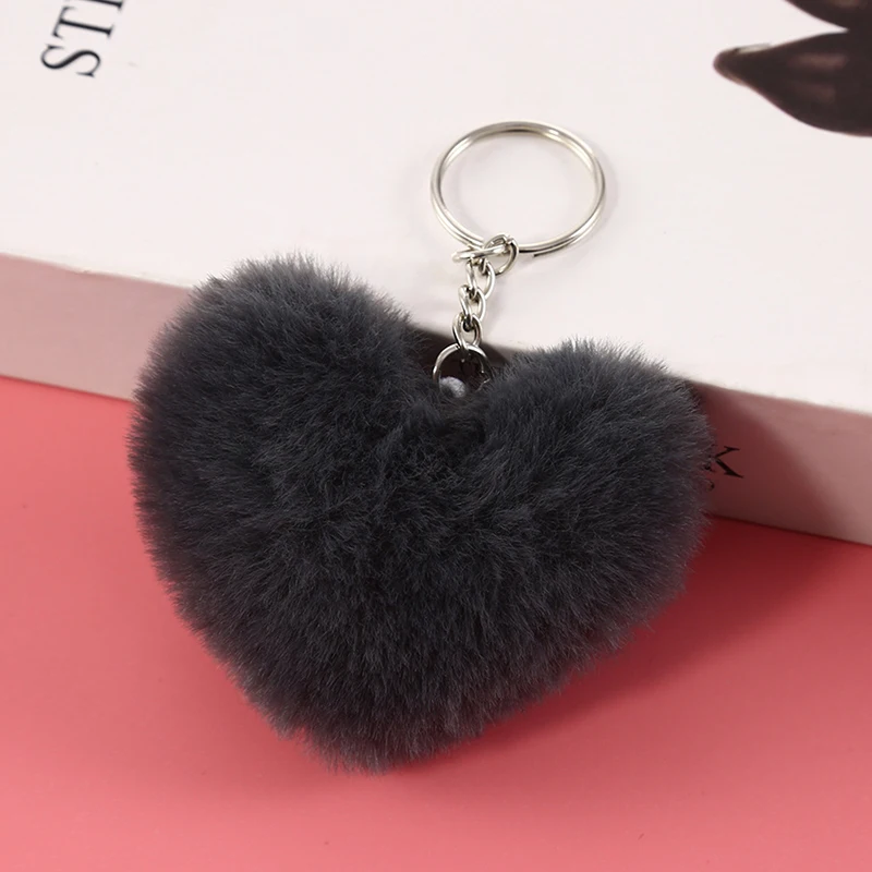 8CM Fluffy Pompom Keychain Gifts for Women Soft Heart Shape Pompon Fake Rabbit Key Chain Ball Car Bag Accessories Key Ring