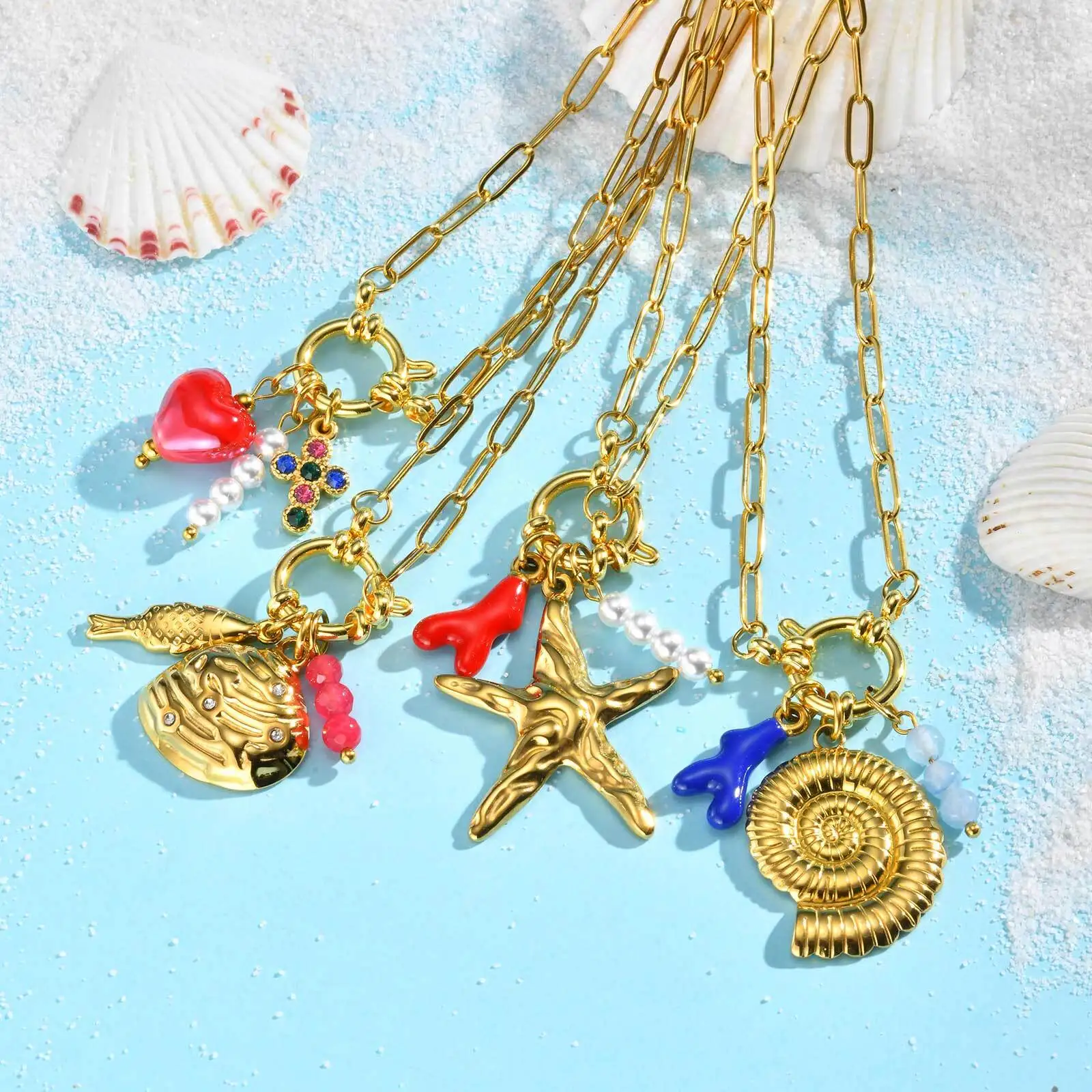 

Pearl Shell Starfish Conch Charms Necklace, Multiple Pendants with Paperclip Chain, Beach Ocean Summer Jewelry