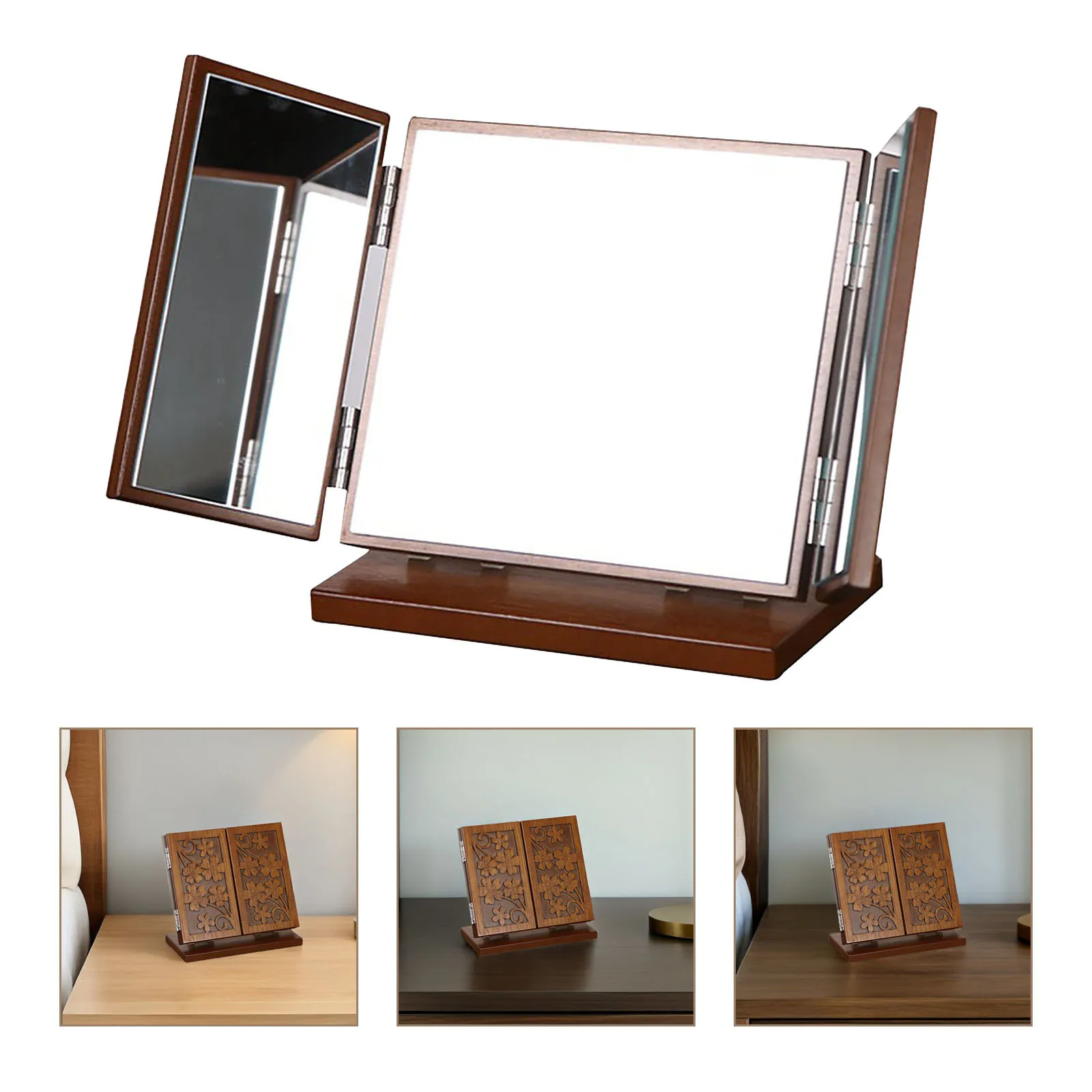 

1pc Wooden Three-Sided Design Carved Pattern Foldable Desktop Wood Carve Pattern Makeup Mirror Mirror For Home Use