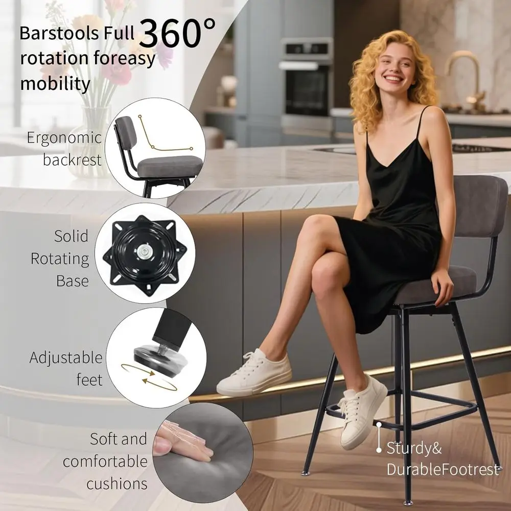 Sepasang Kursi Bar Putar Kulit Imitasi Abu-abu & Hitam dengan Sandaran, Kaki Logam, Tinggi Dudukan 26 inci untuk Pulau Dapur dan Bar Rumah