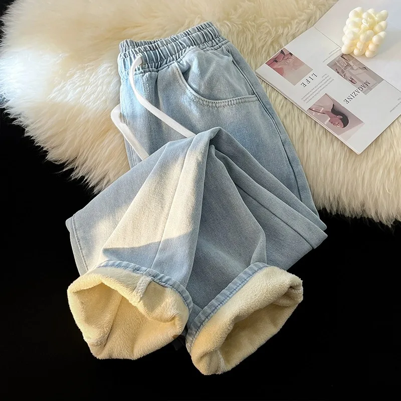 الشتاء Thiened الجينز واسعة الساق الجينز الرجال مستقيم مرونة الخصر سروال قصير شارع العليا خمر جديد الشباب جينز غير رسمي