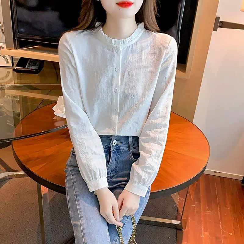 Spring Autumn New Fashion Solid Color Shirts Women's Clothing Stand Collar Long Sleeve Edible Tree Fungus Buttons Korean Tops