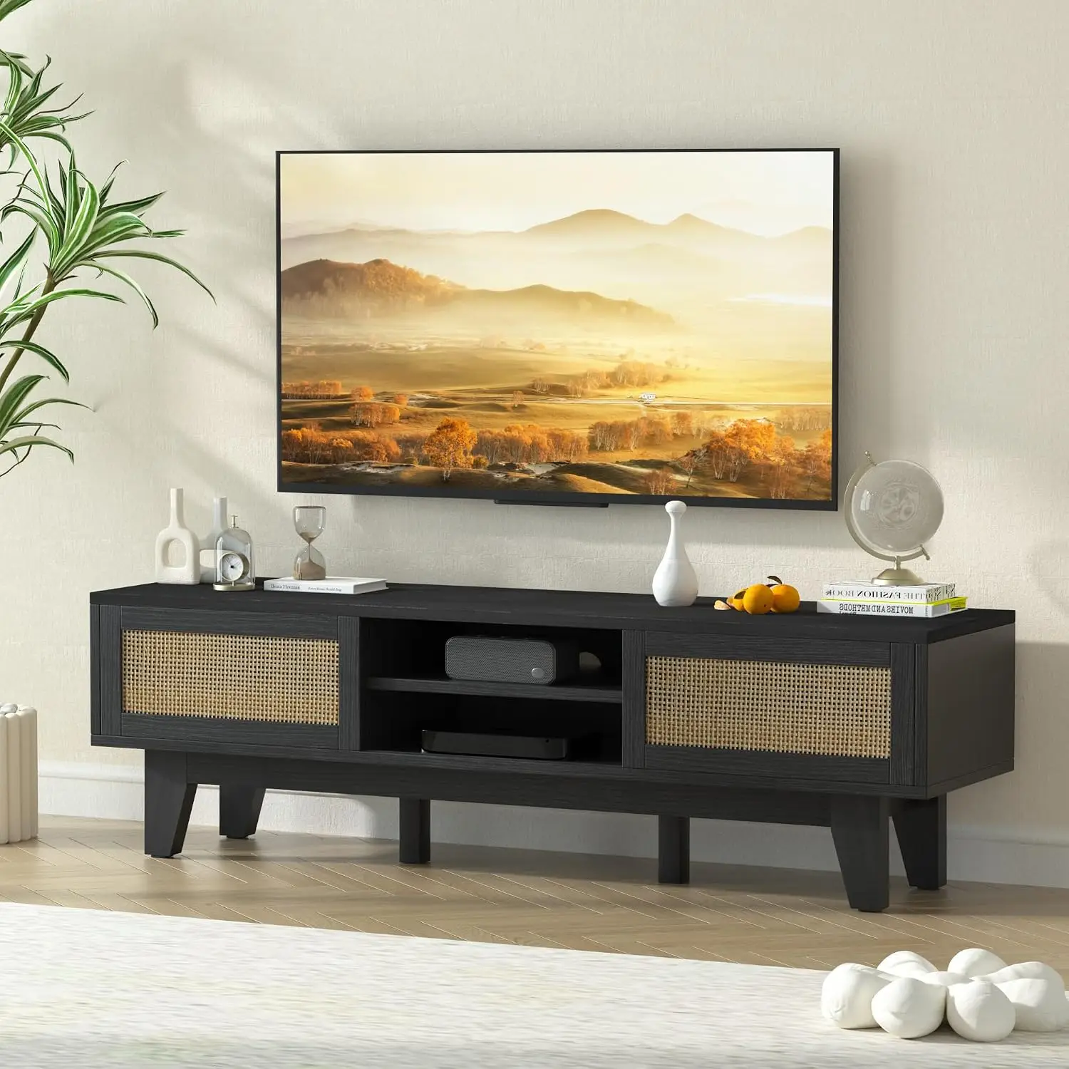 Boho Rattan TV Stand for 65" TV, Entertainment Center with 2 Cabinets & Sliding Doors, Black Console for Living Room Bedroom, 59