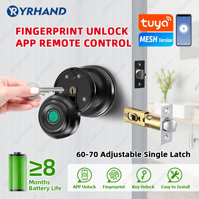 Round Knob Tuya Bluetooth Smart Lock Fácil Instalação Cilíndrica Eletrônica Digital Biométrica Fingerprint Lock para Smart Home