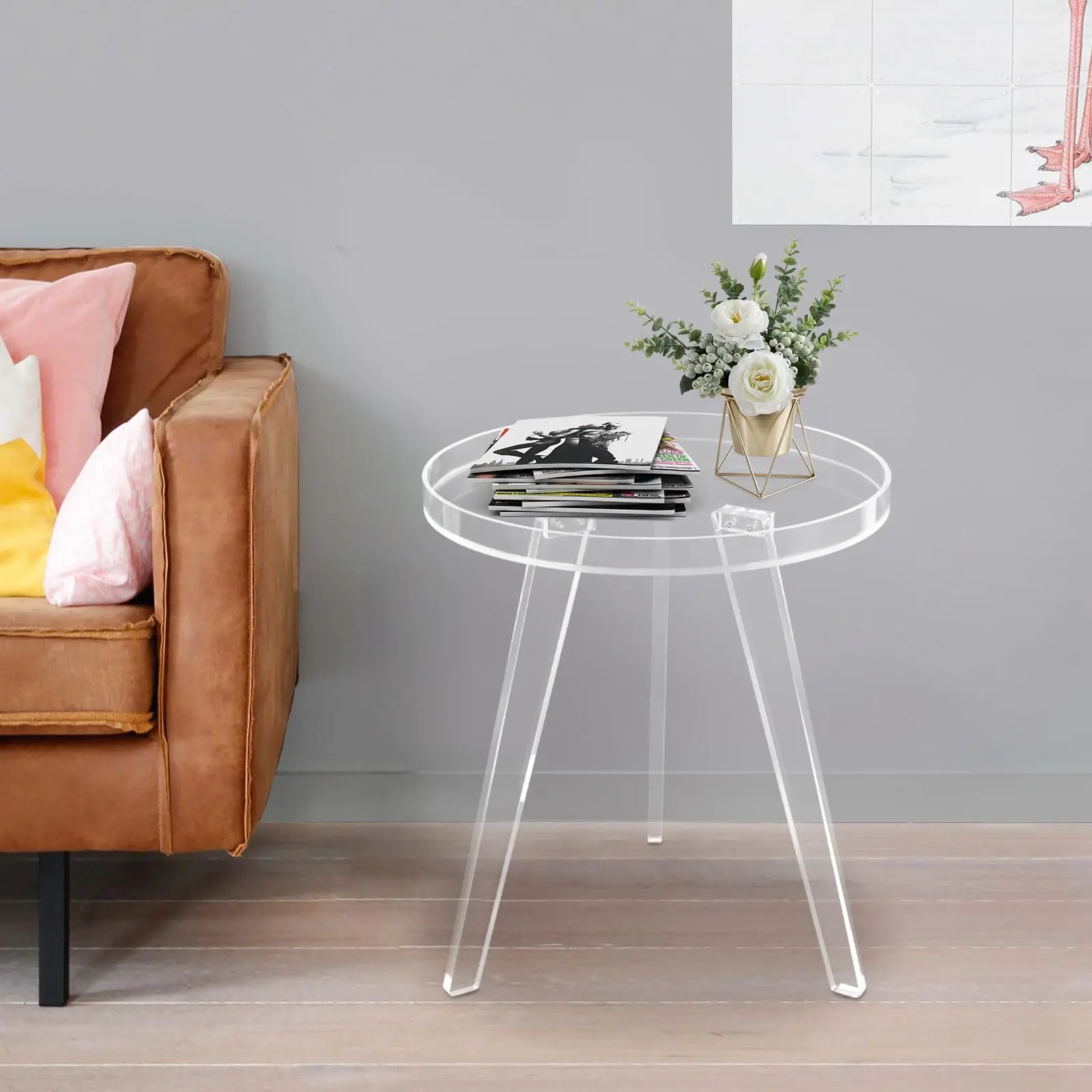 طاولة جانبية مستديرة من الأكريليك، منضدة حديثة مع سطح مستدير صغير شفاف وعمود صلب، طاولة نهاية مشروبات صغيرة موفرة للمساحة #2