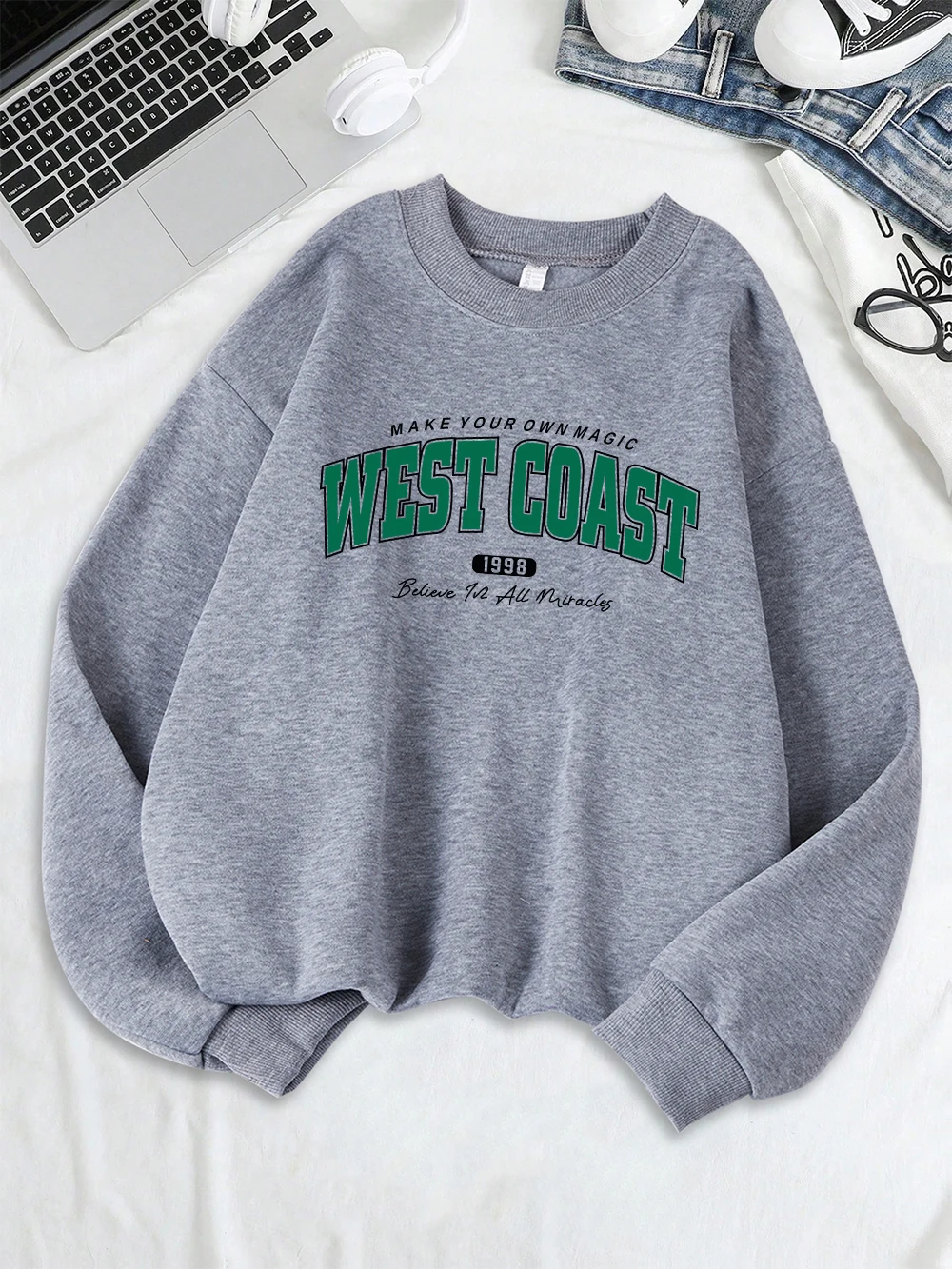 West Coast 1998 Creative Fonts Prints Sweatshirts Womens Loose Sporty Hoodies Fleece Warm O-Neck Tops Winter Comfortable Clothes