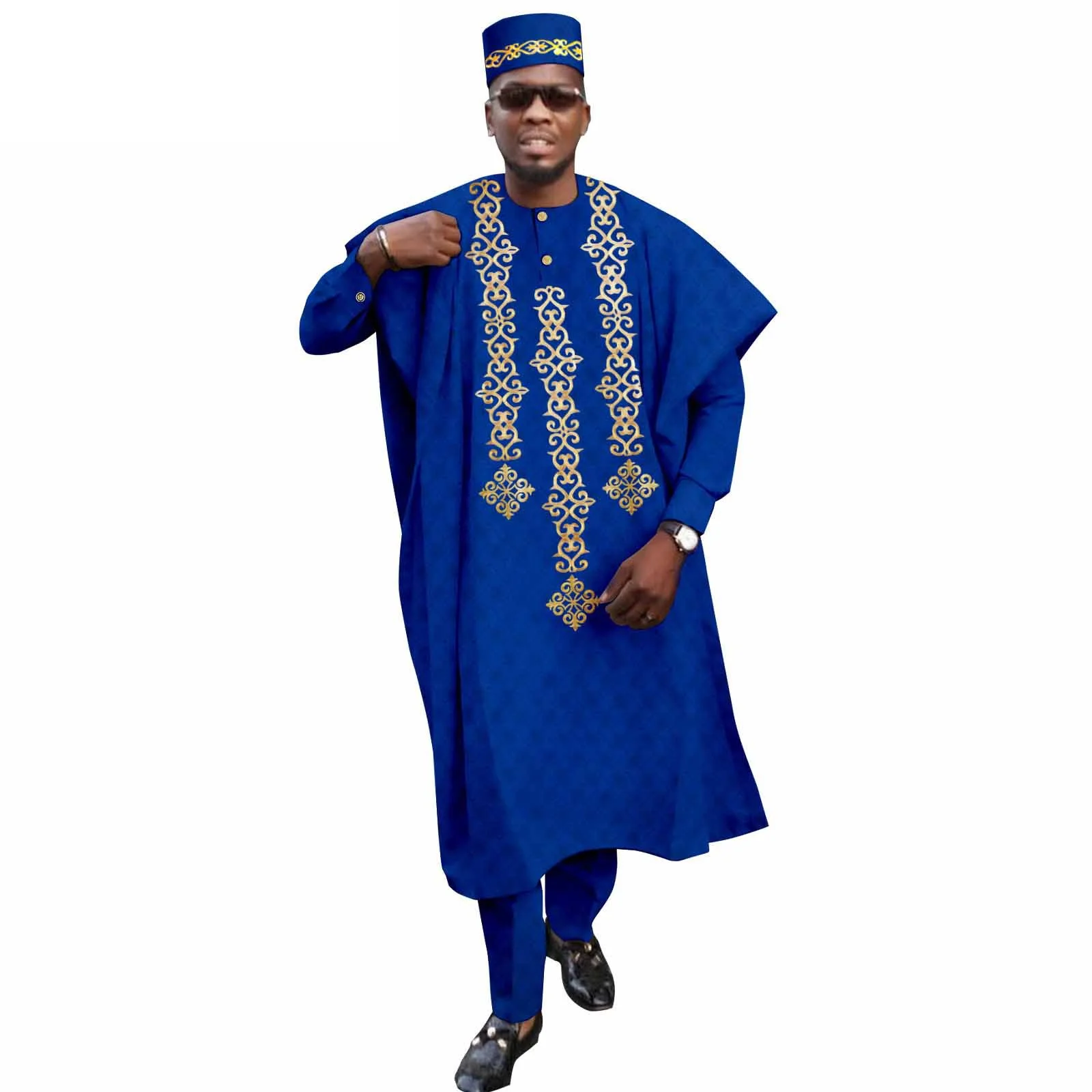 African Clothes for Men Tradition Wedding Party Clothing Bazin Robe Embroidery Ankara Pants Hats 4 Pcs Set Dashiki Nigeria