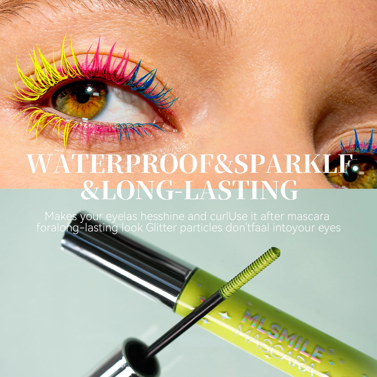 Mascara imperméable à séchage rapide, couleur vibrante, volumateur, maquillage de cils recourbé avec tenue longue durée, baguette à paillettes une pièce pour fête