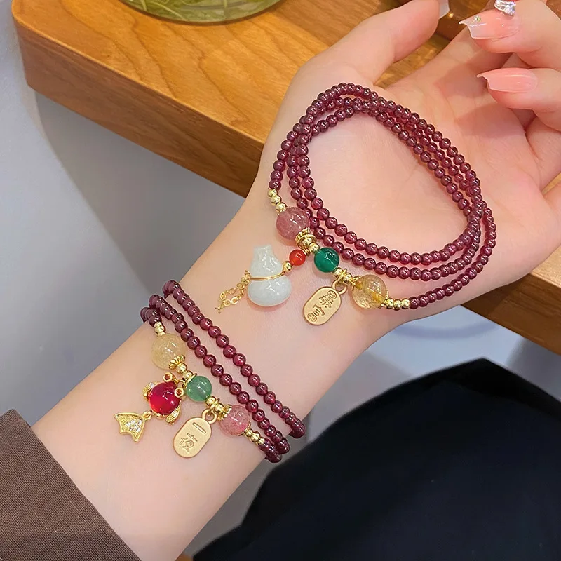 New Chinese Style Three-Ring Garnet Women's Koi Gourd Thin Bead Bracelet Dual-Wear Hand Jewelry Live Broadcast