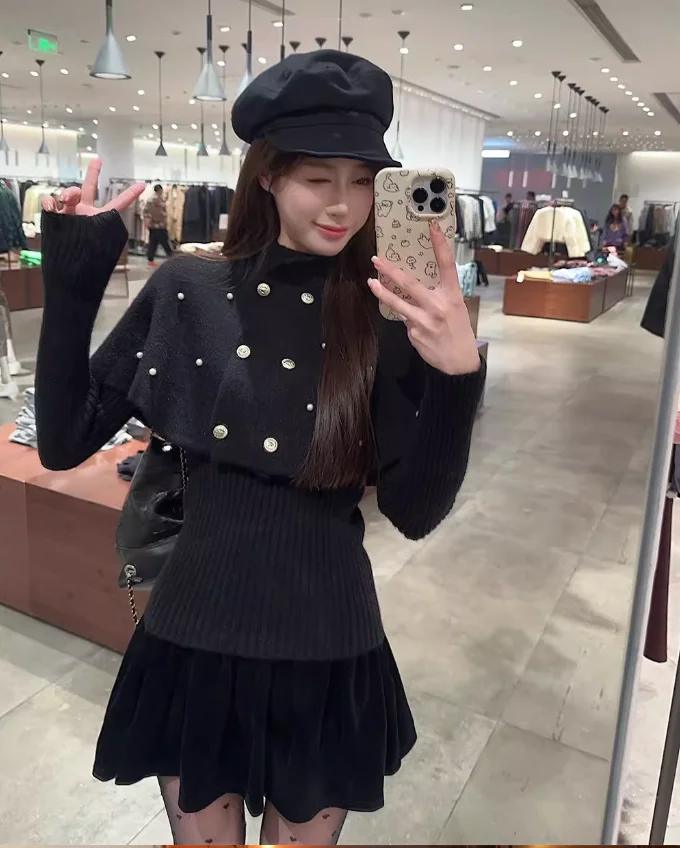 Moda coreana feminina duplo breasted frisado capa de lã camisola de malha outono inverno manga comprida pullovers topos duas peças