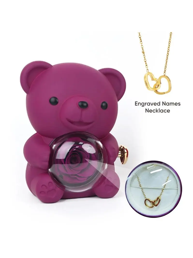 Eternal Rose Hug Bear Gift Box with Heart engraved name necklace Birthday anniversary gift for girls