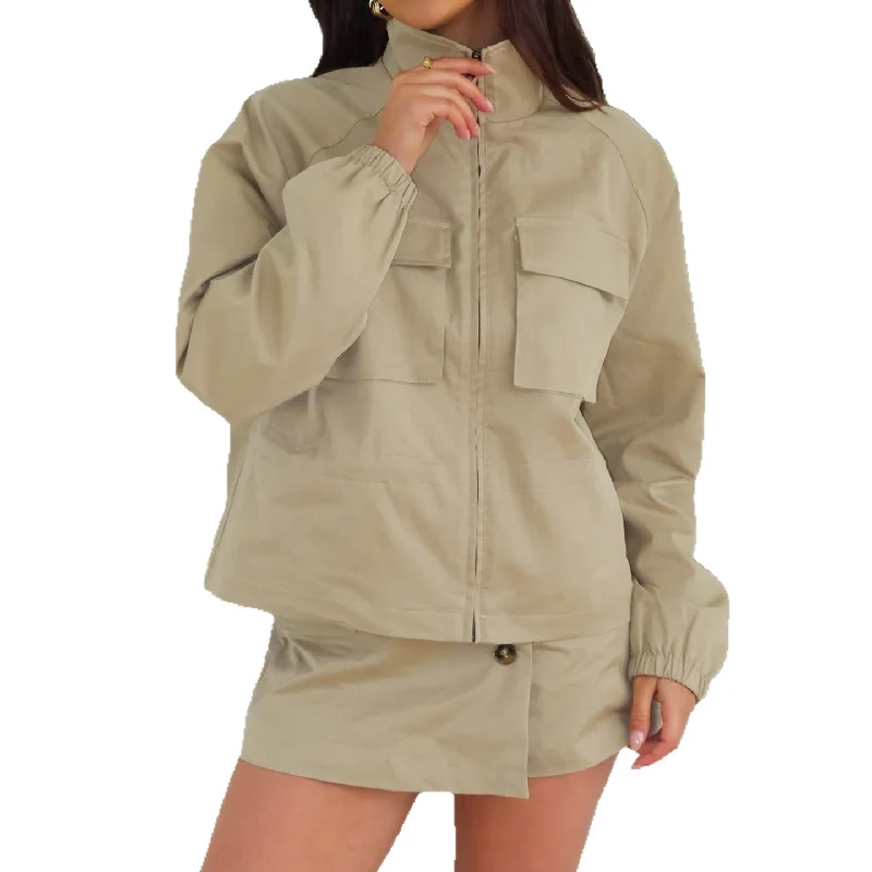 

Retro Style Workwear Pocket Splicing Stand Up Collar Jacket Sexy Slim Fit Drawstring Waist Zip Top For Women