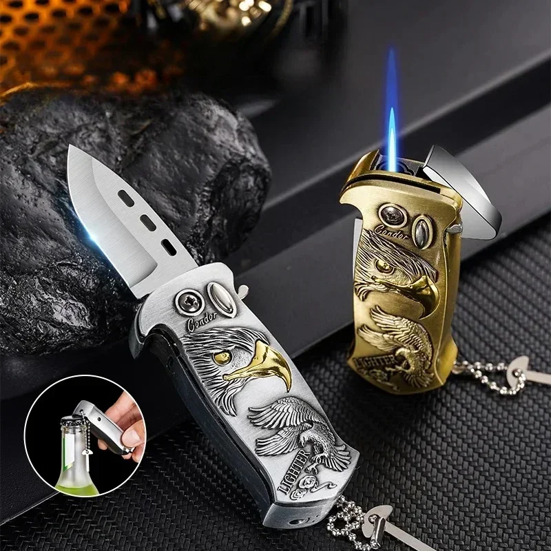 New Metal Multifunctional Inflatable Lighter with Bottle Opener, Folding Knife, 3D Relief Pattern Portable Lighter Men's Gift