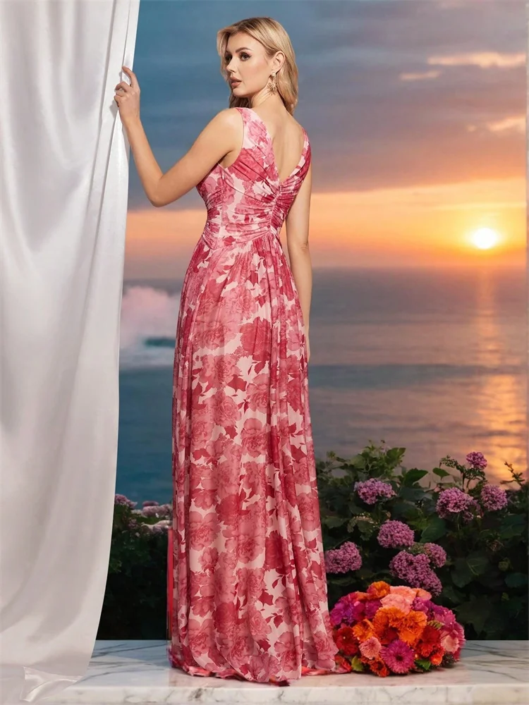 Lucyilove di lusso con scollo a V in chiffon rosa sexy backless abiti da sera convenzionali donne vestono abiti da festa da damigella d'onore abiti